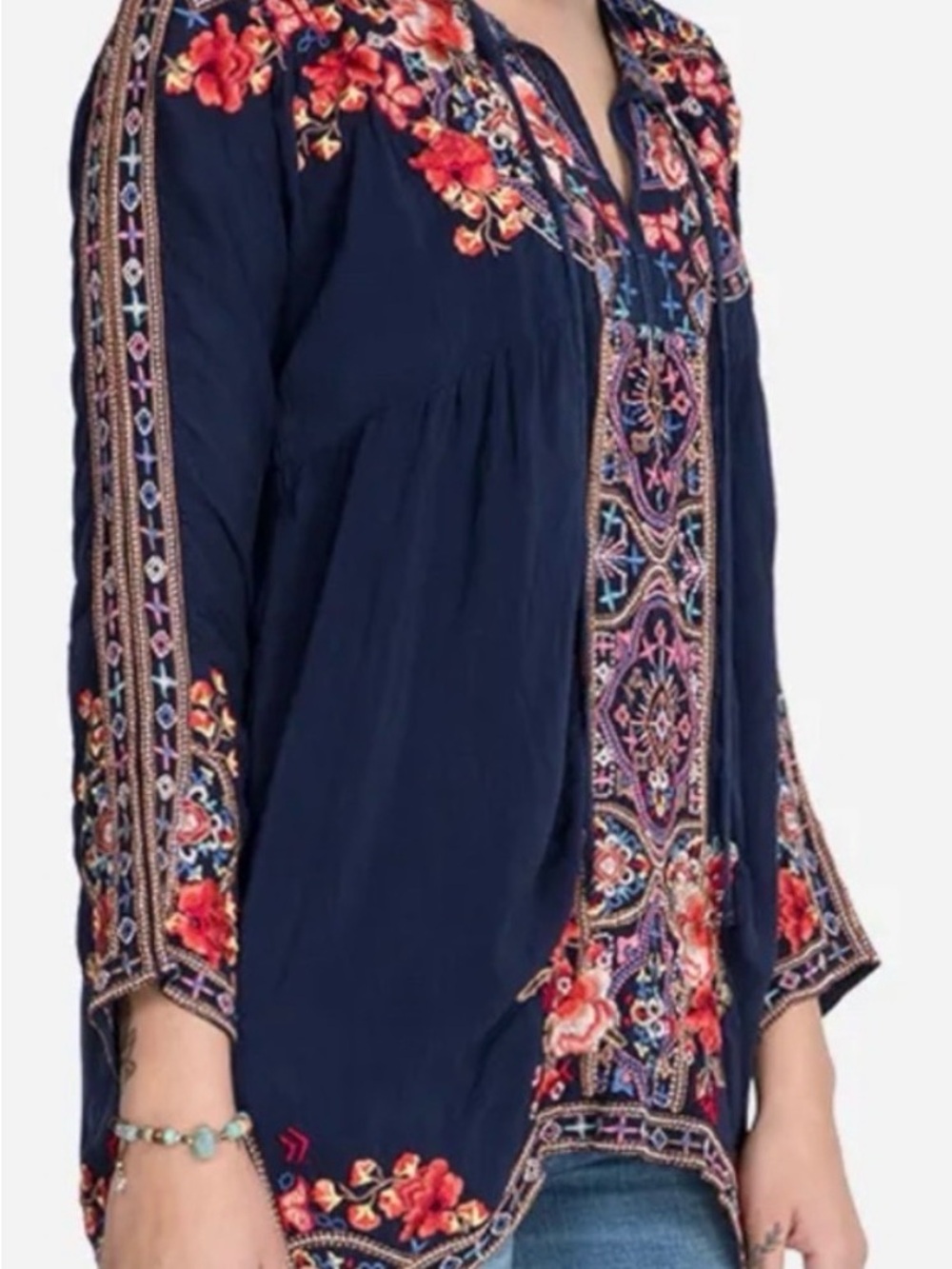 NWOT Johnny Was Oversized Navy Tunic with Red & Pink Floral Embroidery